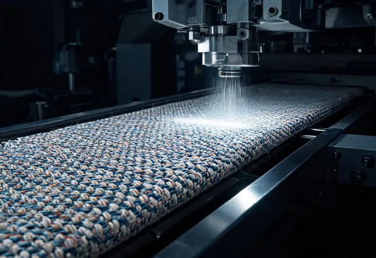 Textile coating process viewed beside a fabric carrier sample
