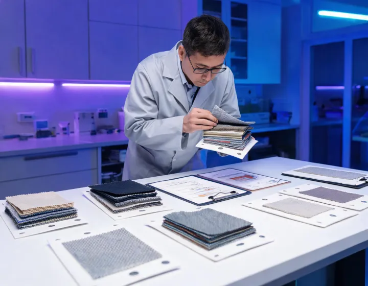 Textile engineer reviewing temperature-regulation layers and construction cards